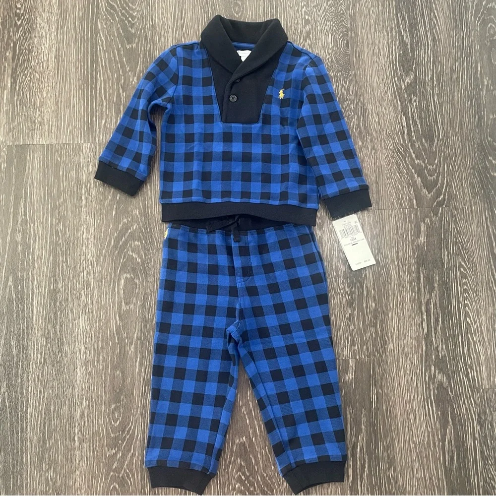New Ralph Lauren Classic Blue Check Interlock Two Piece Baby Boys Set